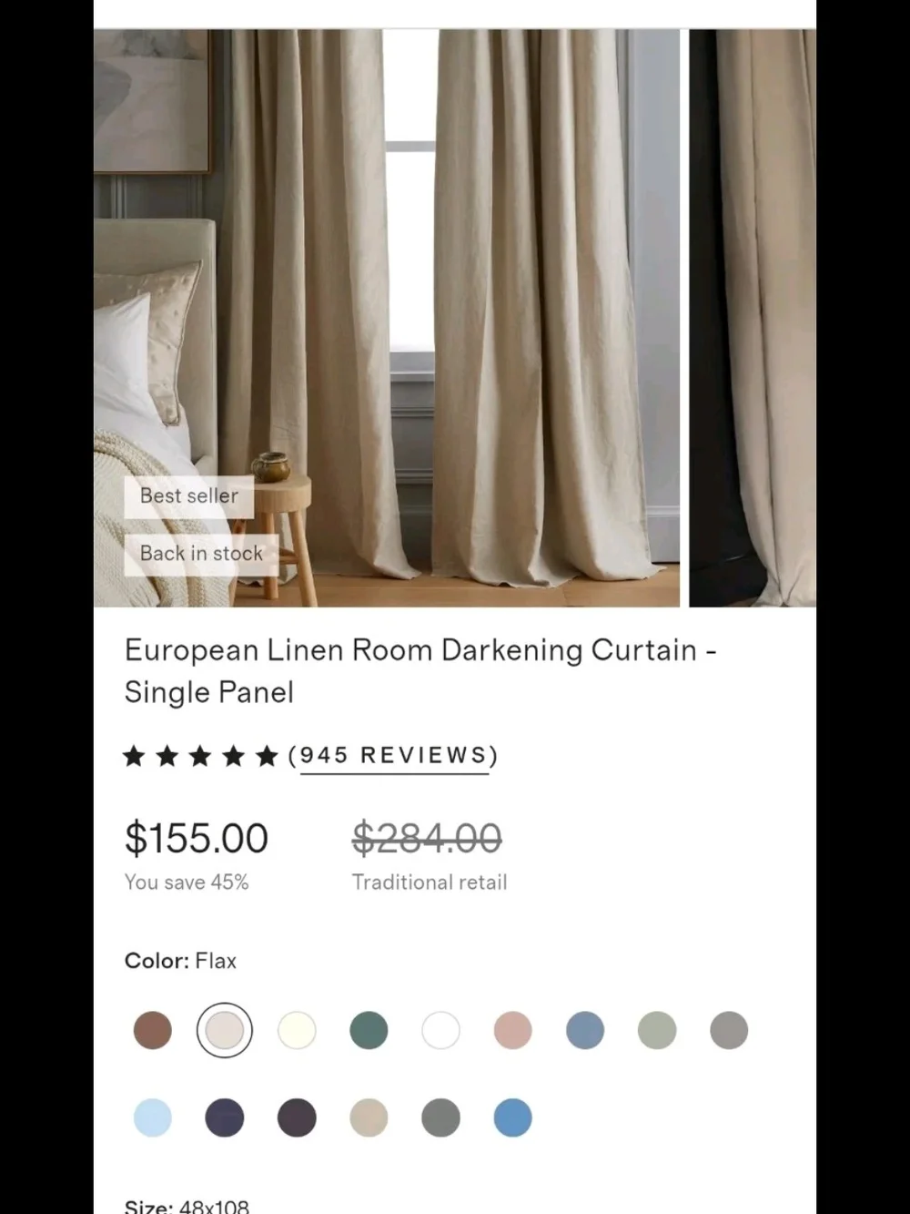 Quince 2 Panels of Linen Room Darkening Curtains, Flax, 48 x 108, NWT!
